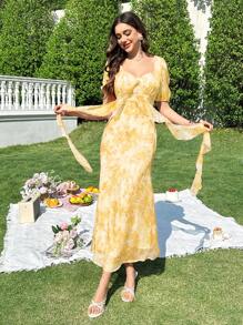 Modelyn Vestido amarillo de mujer con impresión floral, diseño de parche, volantes y mangas abullonadas, perfecto para vacaciones - Amarillo - Ver 4