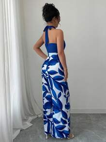Breezaya 露肩系腰无袖印花连体裤，时尚海滩度假风 - 寶藍色 - 查看 2