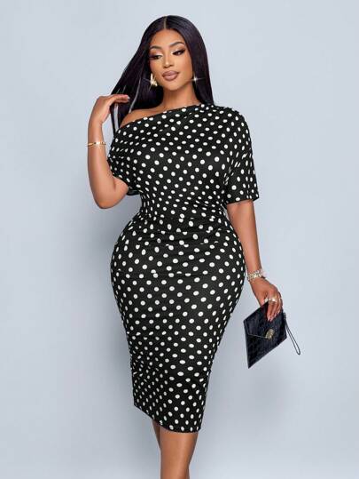 SOLERSUN 大码女装派对情人节舞会法国白色波点图案露肩短袖针织包臀老款跨年性感休闲女中长连衣裙超长款淑女浪漫情人节约会春夏新款优雅通勤商务狂欢/嘉年华