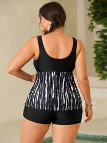 SHEIN Swim Curve Plus Size Round Neck Contrast Color Sleeveless Fashion Black Tankini Swimsuit, Summer - Black and White - View 2
