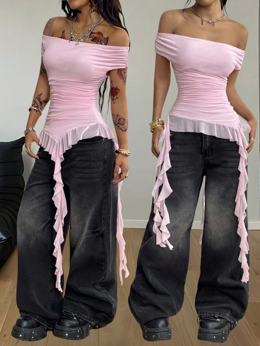 Coolane Women's Casual Music Festival Off The Shoulder Mesh Ruffle Asymmetrical Hem Tops - Baby Pink - View 1