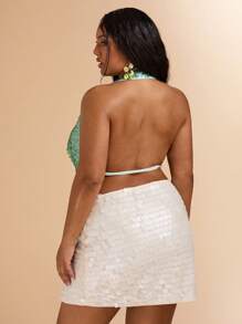 SHEIN BAE Plus Size Women Mint Green Sequin Backless Tie Strap V-Neck Tops,70's Night Out Club Party Summer,Vacation,Music Festival,Brunch,Graduation,Beach,Y2k - Green - View 2