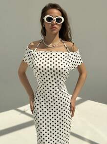 Aloruh Đầm dài hở lưng họa tiết chấm bi gợi cảm thanh lịch cho nữ - trắng - Xem 4