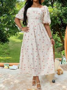 Flirla Plus Size Short Sleeve Square Neck Dress, Fashionable For Summer - Multicolor - View 3