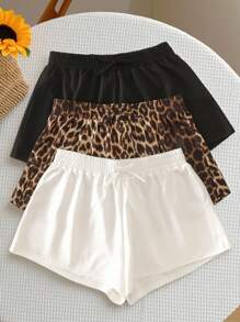 SHEIN Compra 1 Obtén 3 Gratis. Sets de shorts para adolescentes con estilo casual deportivo de ramas desnudas en negro y blanco, estampado de leopardo