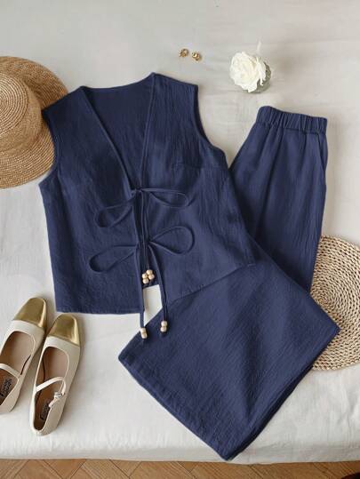 Comfortcana 海军蓝女式夏季棉麻休闲套装