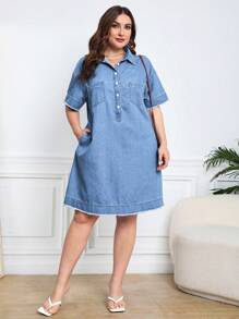 EMERY ROSE Plus Half Button Raw Hem Denim Dress - Medium Wash - View 6