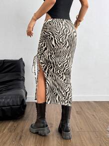 SHEIN Tall CURVE Plus Size Women Music Festival Outfits Zebra Print Side Drawstring Slit Hem Skirt