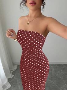 Chiquease Ladies Elegant Polka Dot Mesh Bustier Style Ruched Waist Mesh Dress - Burgundy - View 4