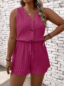 SHEIN LUNE Bộ đồ liền thân không tay cổ chữ V cài nút nửa hở mùa hè cỡ lớn dành cho nữ - Màu Hồng Tươi - Xem 3