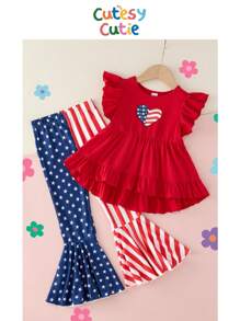 Conjunto de 2 piezas para niña joven con Top de cuello redondo con volantes y estampado de bandera de EE. UU. y pantalones ajustados con vuelo - Multicolor - Ver 7