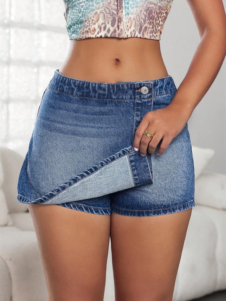 Jeanoix High-Waisted Denim Shorts, Blue Washed Denim Shorts, A Must-Have Item For 2025, Perfectly Suitable For Daily Wear - Medium Wash - View 1