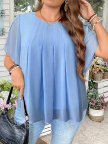 SHEIN LUNE 大码女式休闲纯色衬衫，简约时尚，适合夏季度假夏季上衣商务休闲女式夏季上衣 - 淺藍色 - 查看 5