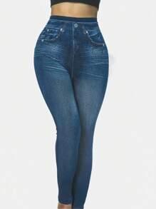 SHEIN LUNE Pantalones ajustados de mujer con estampado de efecto denim, con diseño sexy y de moda para tallas grandes