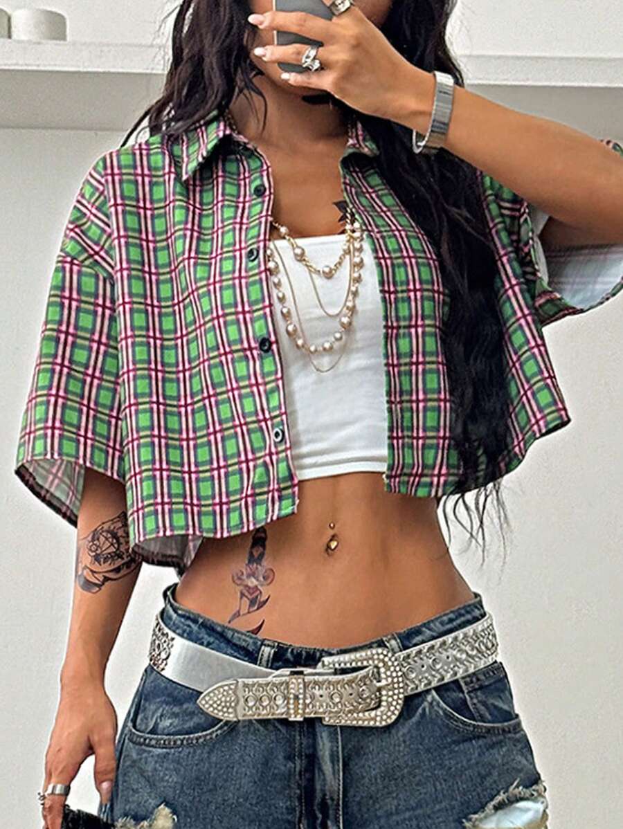 Coolane 女士夏季复古街头服饰外出学院风短款格子宽松短款上衣绿色衬衫