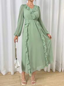 Modelyn Women Solid Color Elegant Ruffle Trim V-Neck Mid-Length Dress, Long Sleeve - Green - View 1