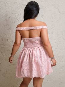 Flirla Plus Size Women Puff Sleeve Off Shoulder Sexy Mini Dress, Princess Date Floral Jacquard Fabric Vacation Dress - Pink - View 2