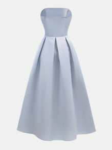 SHEIN Girlism Teen Girls Smoky Blue Tube Top With Transparent Straps, Cute, Sweet, Elegant, Waist-Hugging, Fitted, Long A-Line Dress, Suitable For Wedding Flower Girls, Proms, Parties, Suitable For Spring And Summer