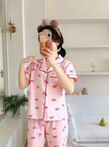 2 件甜美可爱蝴蝶结和条纹印花上衣和长裤套装，休闲舒适的青少年女孩家居服返校时尚 - 彩色 - 查看 6