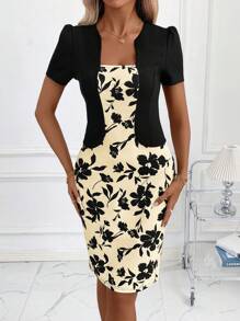 SHEIN Clasi 女士时尚优雅二合一黑白花卉印花紧身中长连衣裙，波西米亚风格服装，夏季女装