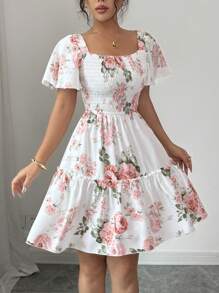 Elenzga Women Floral Print Sashes Ruffle Hem Short Sleeve Casual Dress, Vacation Style - Multicolor - View 3