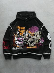 PAVTROS Manfinity Streetrush Men's Gothic Skull Street Style Thermal Lined Hoodie, Graphic Hoodie, Long Sleeve Top