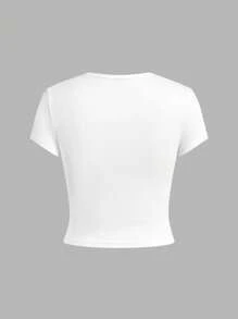 SHEIN EZwear 4件組女款休閒極簡碎花圖案圓領短袖修身短版T恤，適合夏季外出穿著 - 黑與白 - 查看 7