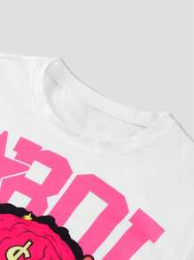 ROMWE MEN Street Life Men Letter & Figure Print Round Neck Short Sleeve Casual T-Shirt And Drawstring Waist Shorts Set