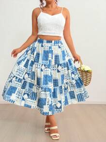 Flirla Rok A-Line Motif Patchwork untuk Wanita Ukuran Plus, Cocok untuk Liburan Musim Panas, Pakaian Musim Gugur untuk Wanita - MultiWarna - View 4