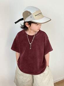 SHEIN 1 Piece Young Boy Casual Sports Academy Japanese And Korean Loose Fit Water-Washed Soft Comfortable Round Neck T-Shirt Suitable For Kids Young Boy Back To School Suitable For Birthday Parties, Parties, Performances, Weddings, Baptisms, Back To School Daily Suitable For School Suitable For Travel Suitable For Sports Suitable For Spring And Summer - Burgundy - View 15