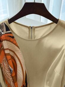 Franclia Summer Casual Vintage Style Sleeveless Round Neck Cinched Waist Dress, Elegant Prints Design - Khaki - View 4