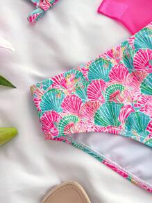 SHEIN 少女三件套粉色贝壳印花泳衣背心 INI 套装度假海滩风格 - 粉色 - 查看 5