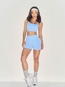 Dewbera Women's Backless Halter Top And Shorts Sports Set - Teal Blue - View 4