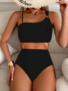 SHEIN Swim 女士度假纯色不对称吊带圆环连体性感比基尼套装分体比基尼套装夏日海滩 - 黑色 - 查看 1