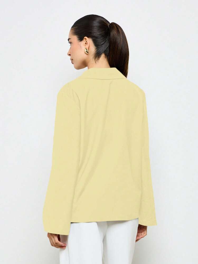 Long Sleeve V Neck Satin Blouse With Metal Buckle Detail