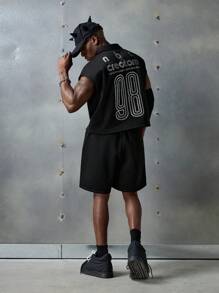 NEON BLANC Men's Streetwear-Inspired Knit Letter & Number Print Cropped Shirt - Black - View 1