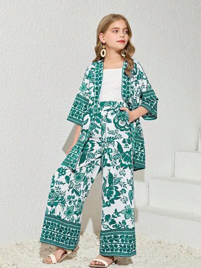 SHEIN Tween Girls' Vacation Casual Printed Short Sleeve Cardigan And Straight Leg Pants Outfit