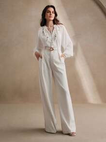 Anewsta Women's New White Chiffon Pearl Studded Long Sleeve Blouse, Spring/Summer - White - View 5