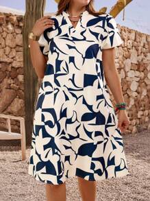 EMERY ROSE Vestido informal de verano con estampado geométrico y manga corta para mujer talla grande