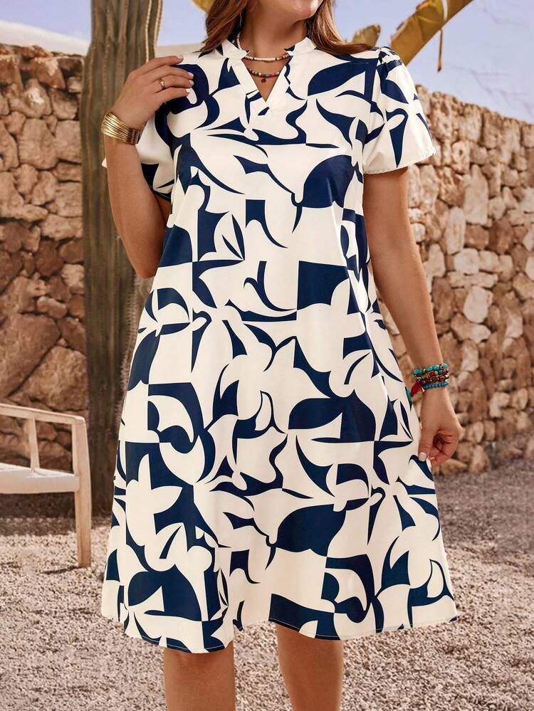 Vestido informal de verano con estampado geométrico y manga corta para mujer talla grande