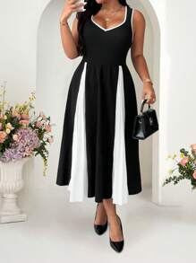 Elenzga Plus Size Women Contrast Color Pleated Sleeveless Dress