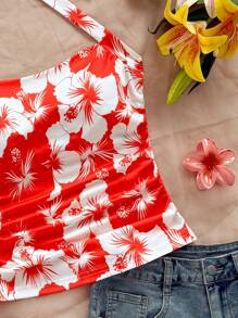 Soleia 女士度假针织浪漫粉色芙蓉印花露背收腰时尚吊带背心，适合春夏季节、派对、约会、情人节、下午茶、复活节、狂欢节、海滩巡游度假