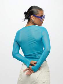 SUMWON WOMEN 长袖网眼上衣 霓虹色基本款修身春夏分层舞蹈表演上衣 - 藍色 - 查看 2