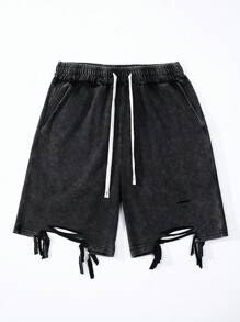 Manfinity EMRG Men's Distressed Casual Summer Drawstring Waist Streetwear Shorts, Emo, 2000s Style - Black - View 1