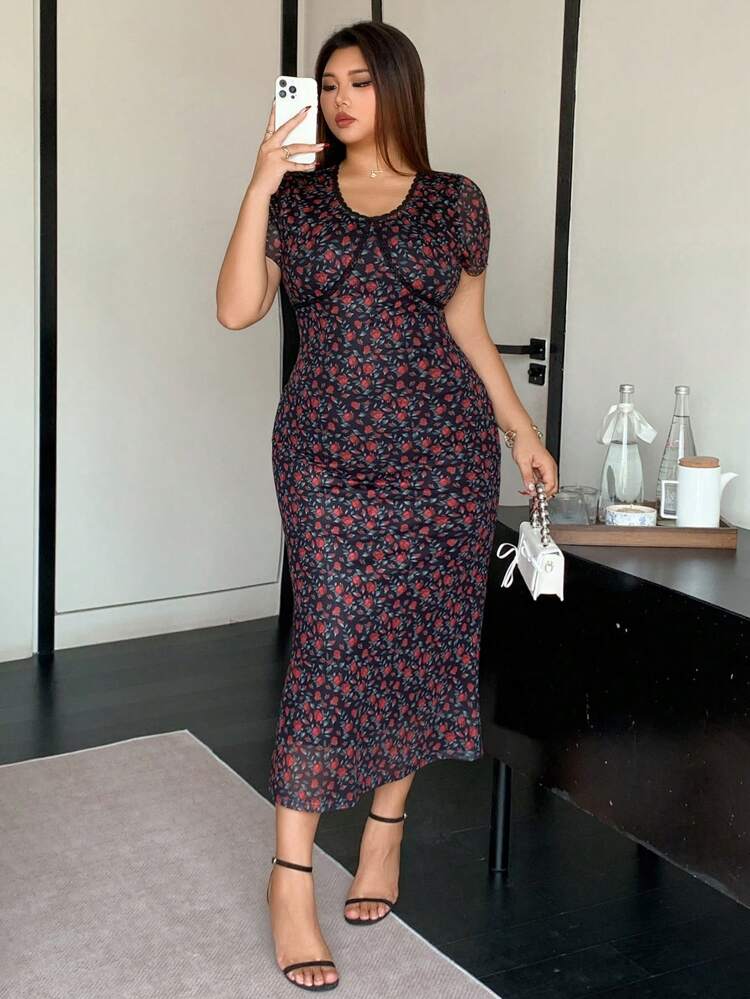 Dazy Plus Plus Size Floral Print Fitted Contrast Lace Short Sleeve Summer Dress For Women Maxi Dress Boho