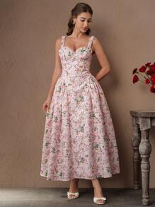 SHEIN Unity Váy xòe xanh trễ vai buộc dây hở lưng họa tiết hoa lãng mạn thanh lịch có thân áo bo xương thép, lý tưởng cho trang phục nghỉ dưỡng mùa xuân và mùa hè - Hồng - Xem 4