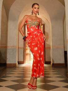 Swim Oasis Bohemian Tropical Print Halter Tie Waist One-Piece Swimsuit With Skirt For Women, Beach Skirt - Multicolor - View 4