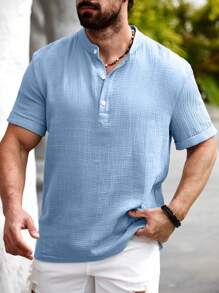 Manfinity Homme Manfinity Nomadique Herr Avslappnad Bomulls-Linneskjorta Sommar Hengli-Krage - Dammblå - Visa 3