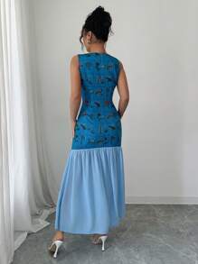 Elenzga Elegant French Style Floral Print Vest Patchwork Chiffon Dress For Women, Spring 2025 New Arrival - Blue - View 2