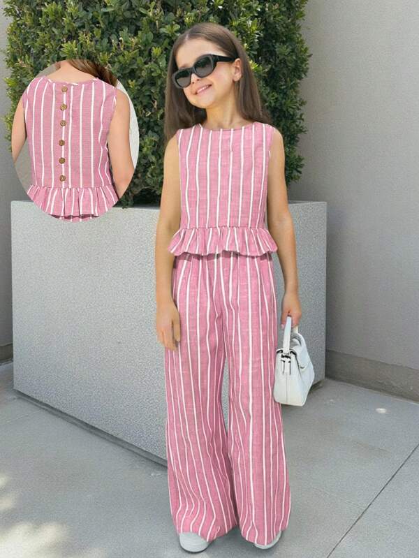 SHEIN Tween Girl Vacation Casual Striped Sleeveless Top And Straight Leg Pants Set, Fashion Style